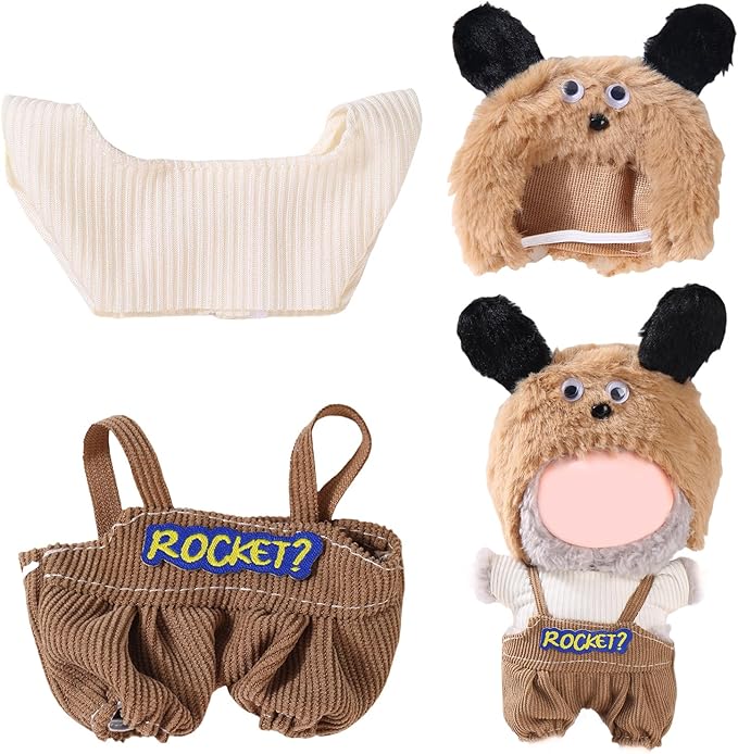 17cm Doll Clothes Set (No Doll) – Outfit with Hat & Overalls, Handmade Accessories for Mini Dolls, OB11-Compatible Dress-Up Gift (Doggy)