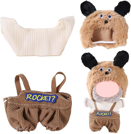 17cm Doll Clothes Set (No Doll) – Outfit with Hat & Overalls, Handmade Accessories for Mini Dolls, OB11-Compatible Dress-Up Gift (Doggy)