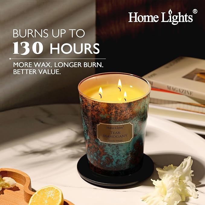 HomeLights Large jar Candle | 4-Wick Long-Lasting Scented Candles, 18oz Natural Soy Wax Candle for Home Scented, Industrial Chic Gifts for Women & Men, Teak Mahogany