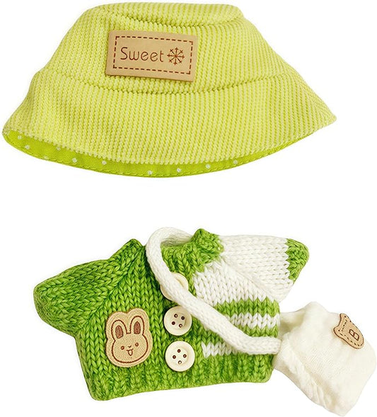 Designer Clothes for 17cm Dolls, Handcrafted Crochet 3-Piece Set, Doll Knit Outfit Accessories with Green Sweater Tops, White Cross-Body Bag, and Bucket Hat, T-Green