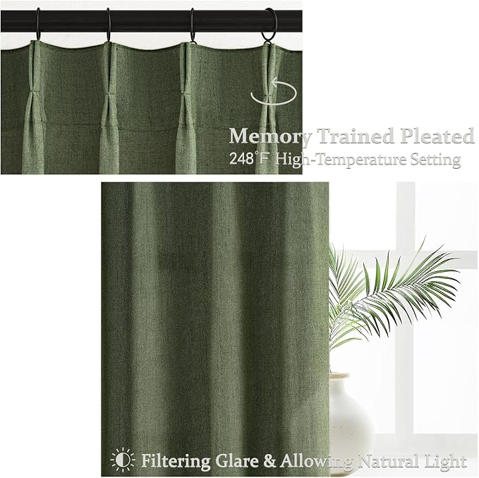 Loden Pinch Pleated Floor to Ceiling Long Curtains 120 Length, Vintage Curtains for Bedroom 2 Panels Set with Hooks Dark Olive Green Linen Pretty Light Filtering Semi Sheer Drapes 10 FT Length