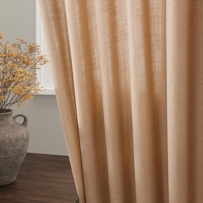 Camel Linen Curtains 96 Inches Long for Living Back Tab Rod Pocket Vintage Rustic Farmhouse Light Filtering Curtain Burlap Textured Linen Drapes 96 Inch Length for Dinning Room Bedroom 52x96