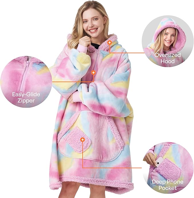 Giggling Getup Wearable Blanket Hoodie for Adults Gifts for Teen Girls Sister Women Sherpa Fleece Printed Hooded Blanket Sweatshirt Warm Cozy with Pocket & Sleeves Cotton Candy Tie Dye