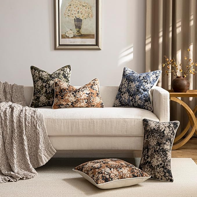 Pack of 2 Vintage Floral Throw Pillow Covers 18x18 Boho Farmhouse Accents Chenille Square Decorative Pillow Cases for Living Room Couch Bed Home Decor, Olive Green