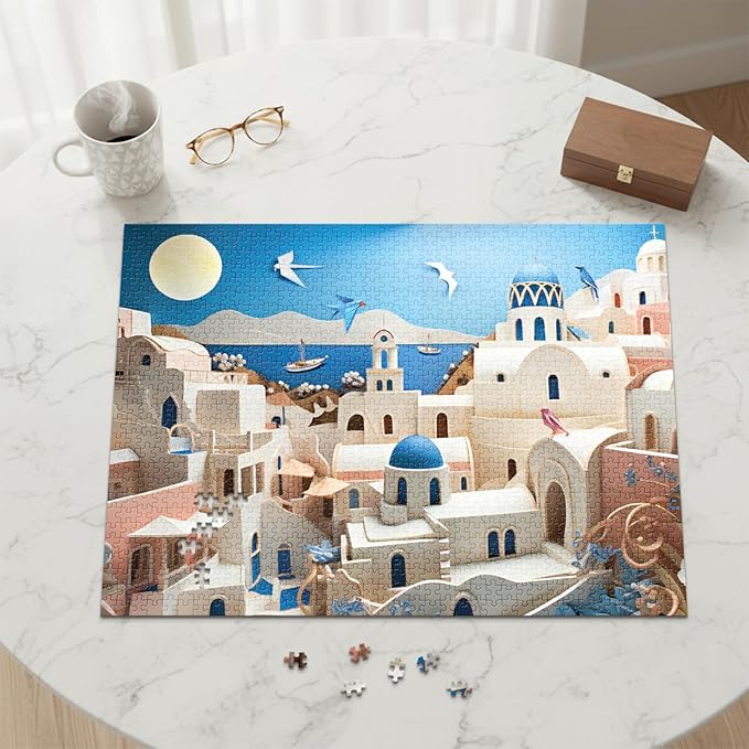 Santorini (#6) – 1000 Piece Jigsaw Puzzle for Adults | Premium European Blue Board | Satin Low-Glare Finish | Ribbon Cut | Bonus Poster | Display-Worthy Box | Printed in USA | Final Piece Puzzles