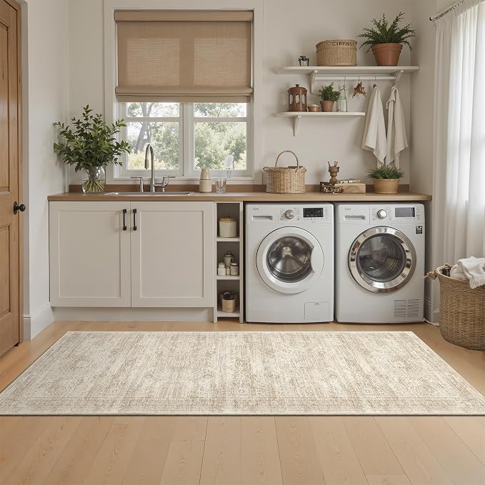 Soalmost Runner Rug 2x6 Washable Kitchen Hallway Runners Non-Slip Beige | Soft Low-Pile Rugs for Entry Bathroom Laundry Room, Vintage Foldable Floor Carpet Mat Entryway for Corridor Bedroom