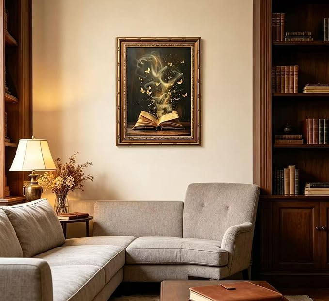 Vintage Gold Framed Victorian Bookish Wall Art Dark Academia Library Fantasy Mystical Canvas Print Reading Nook Butterfly Aesthetic Picture Wall Decor Gothic Bookclub Poster Artwork for Library
