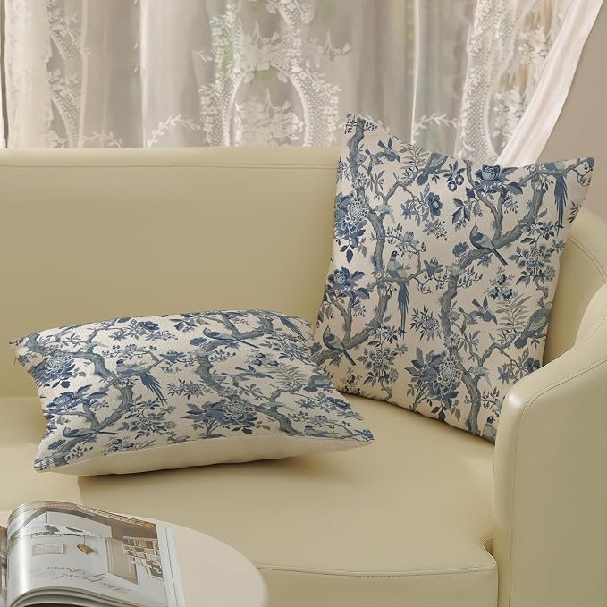 Chinoiserie Pillow Covers 20x20 Set of 2 Blue and White Bird Floral Throw Pillows Vintage Blue Flowers Decorations Outdoor Pillowcase Chinoiserie Decor Farmhouse Cushion Case for Couch Home