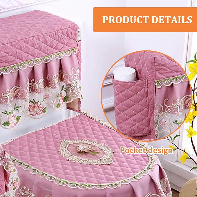 Toilet Seat Cover Set, 3Pcs Soft Lace Toilet Cover Set with Storage Bag, Washable Tank for Bathroom