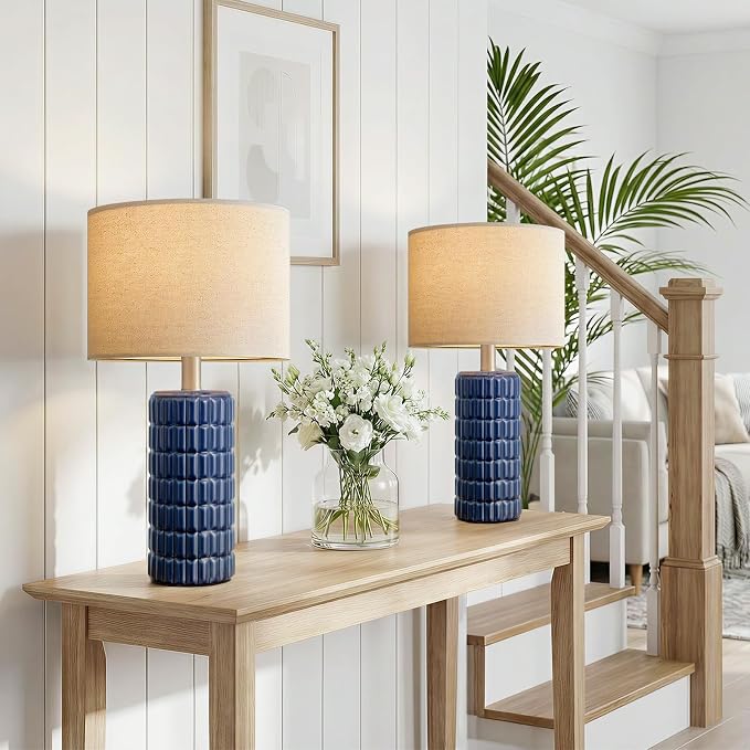 23" Modern Ceramic Table Lamps Set of 2 - Table Lamps for Living room, Farmhouse Bedside Night Stands Lamp for Bedroom, White Boho Nightstand Lamps Set of 2, Desk Lamp for End Table Home Decor(Blue)