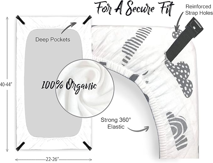 100% Organic Cotton Fitted Travel Crib Sheets, Perfectly Compatible with Guava Lotus, BabyBjorn, Dream On Me and All mattresses 22-26" Wide by 40-44" Long. Strap Holes in Corners. 2 Pk