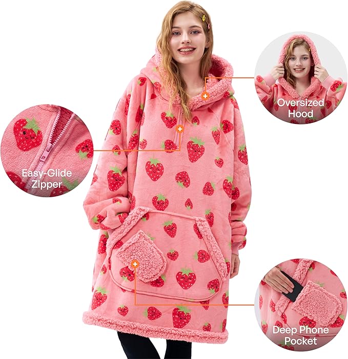 Giggling Getup Wearable Blanket Hoodie for Adults Gifts for Teen Girls Sister Women Sherpa Fleece Printed Hooded Blanket Sweatshirt Warm Cozy with Pocket & Sleeves Strawberry