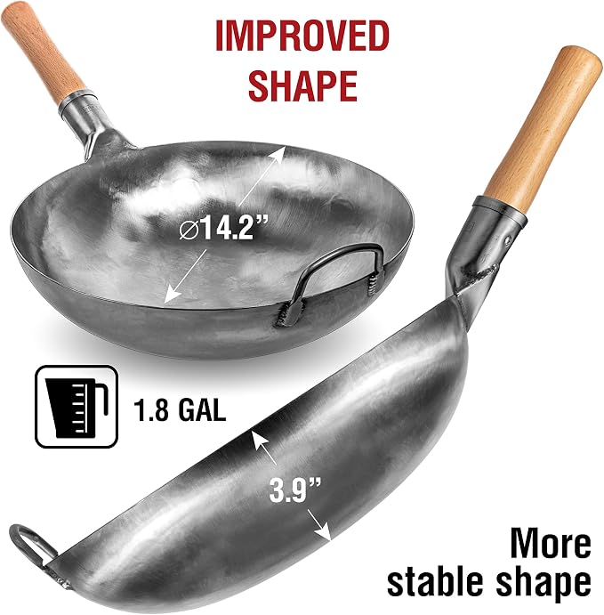 YOSUKATA Non-seasoned 14" Round-Bottom Carbon Steel Wok Pan with 17" Spatula and Ladle
