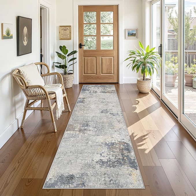 UERMEI 2x8 Washable Runner Rug for Hallway, Non Slip Low Pile Kitchen Carpet, Neutral Modern Abstract Indoor Floor Mat for Entryway Laundry, Kid & Pet Safe High Traffic Area, Blue Grey