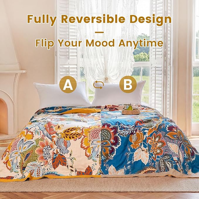 MSGKV Boho Throw Blanket 60"x80" Summer Cotton Floral Blanket for Couch Bed | Muslin Throw, Floral Pattern, Reversible Woven, Twin Size Blanket, Lightweight Comfort, Farmhouse Decor, Machine Washable