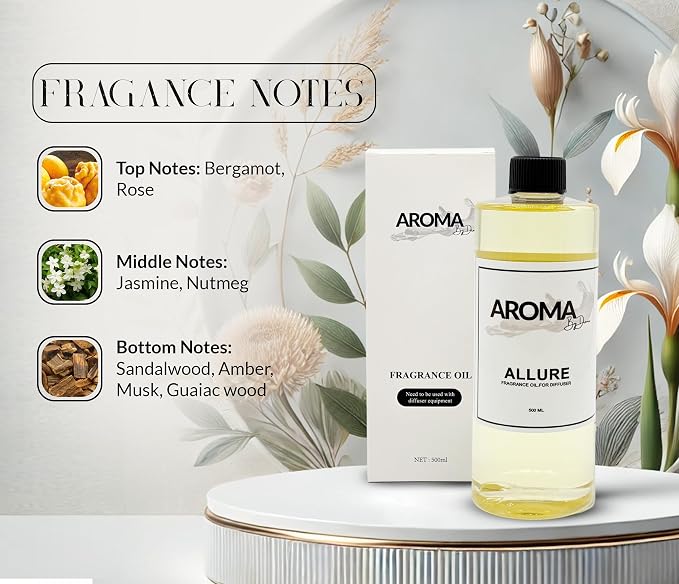 Essential Oils for Diffuser - Allure Fragrance Oil Blend - Luxury Hotel Inspired Aromatherapy Oils - Bergamot, Rose and Jasmine Scent - 500ml