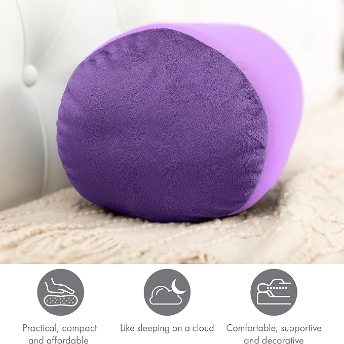 Microbead Bolster Neck Roll Pillow, Gently On Body, Head, Neck & Shoulders No Pain Rest, Relax Sleep - Silky Feel Prevent Wrinkles & Hair Breakage - Lightweight Cylinder, 14" x 8", Pale Purple