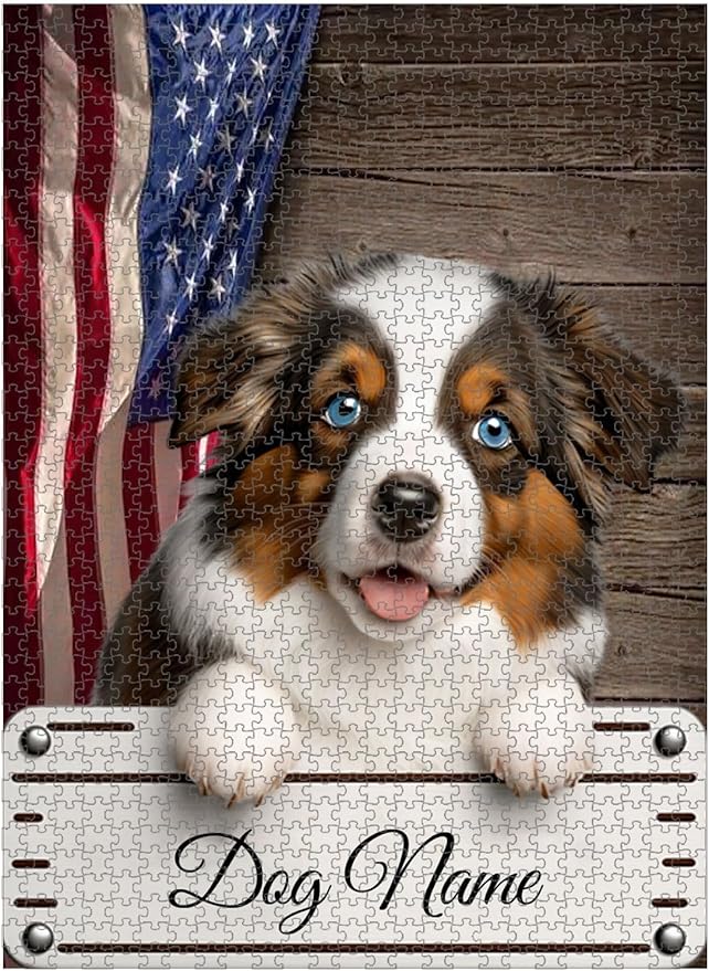 Custom Wooden Jigsaw Puzzles with Your Dog's Name on Miniature American Shepherd Art Print - 300 500 1000PCS Puzzles Game and Home Wall Decor