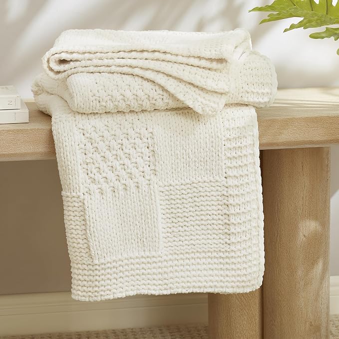 Knit Throw Blanket, Soft Chenille Cozy Breathable Checkered Chunky Decorative Blanket for Couch, Bed & Sofa, French-Inspired Lightweight Warm Gift for Women, Ivory, 60"x80"