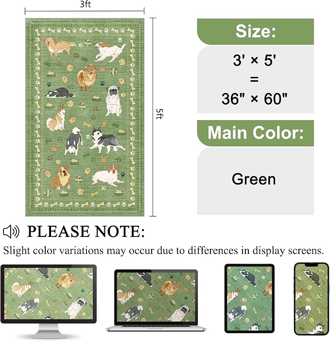 DUKINO 3x5 Rug, Washable Dog Bedroom Area Rug Soft Non Slip, Green | Low Pile, Non-Shedding, Stain Resistant Animal Carpet for Bathroom Dorm Office Dining Living Room Kitchen, Kid & Pet Friendly
