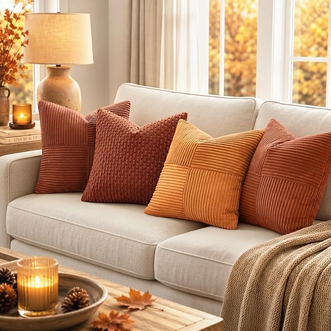 MIULEE Fall Rust Decorative Lumbar Throw Pillow Covers 14x24 Inch 2 Pack | Boho Farmhouse Pillow Covers, Soft Cross Corduroy Patchwork Textured Cushion Cases For Bed Sofa
