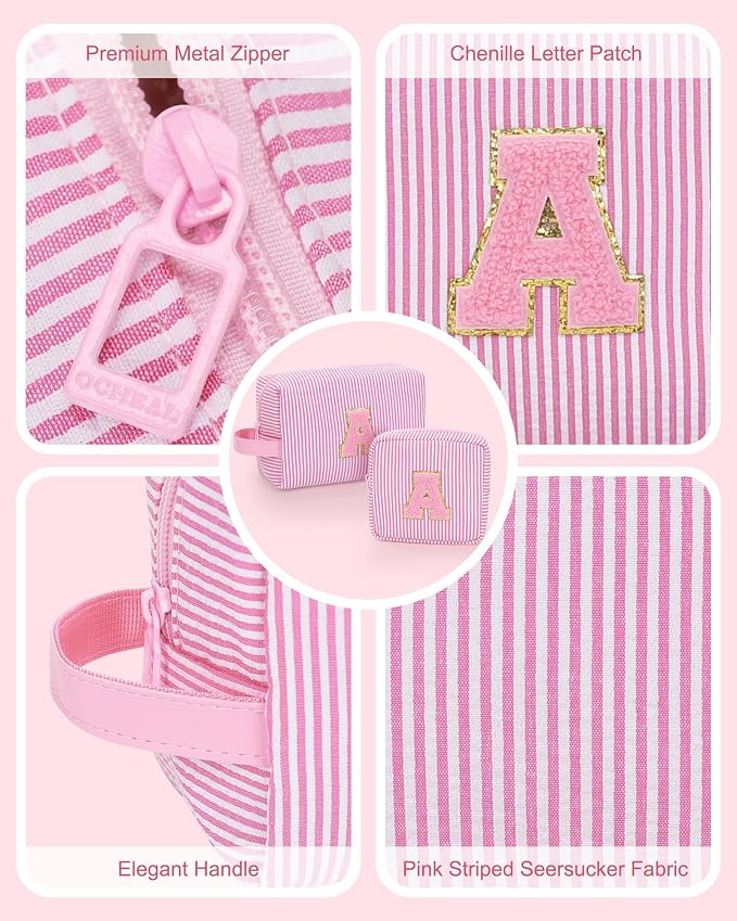 MONSTINA Initial Makeup Bag for Women,Personalized Make Up Case for 10 11 12 13 14 15 16 17 18 Years Old Teen Girls Gifts|Cute Toiletry Bag Preppy Chenille Letter Patch,Pink F