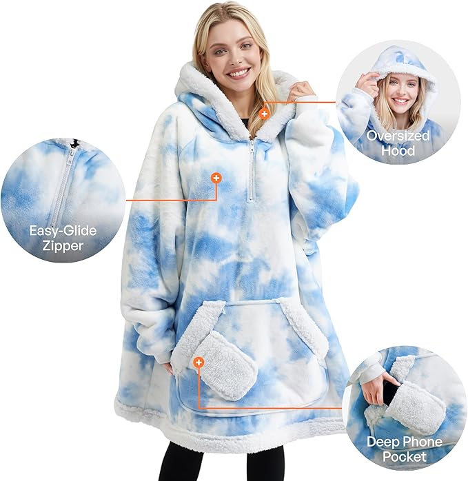 Giggling Getup Wearable Blanket Hoodie for Adults Gifts for Teen Girls Sister Women Sherpa Fleece Printed Hooded Blanket Sweatshirt Warm Cozy with Pocket & Sleeves Light Blue Tie Dye