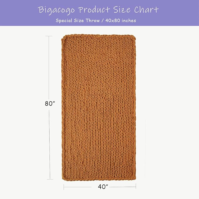 Bigacogo Chunky Knit Throw Blanket for Couch, 40x80 inches, Burnt Orange | Hand Knit with Jumbo Chenille, Soft Breathable Cable Knit for Sofa Bed Living Room, Machine Washable, Gift for Mom Friend