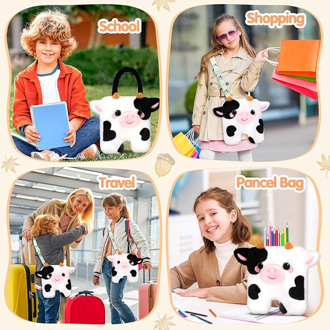 Cow Plush Bag Crossbody Bag for Kids, Plush Handbag Tote Bag with Adjustable Strap,Soft Plush Cow Stuffed Purse with Zipper,Coin Pouch Accessories for Toddlers Kids