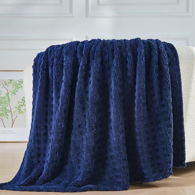 NEWCOSPLAY 3D Waffle Checkered Flannel Throw Blanket, Dark Navy, 50"x70" | Super Soft Cute Lightweight Decorative Premium Silky Fleece Blanket for Couch Sofa Bed, Gift for Women Men, All Season Use