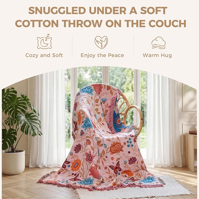 LUTBM Boho Throw Blanket for Bed 60"x80", All Season Cotton Couch Blankets | Reversible Floral Butterfly Embroidery, Lightweight Breathable Twin Quilt, For Chair Sofa Bedroom Living Room, Home Decor