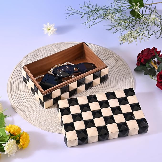 Perilla Home Decorative Storage Box – 8" x 5" x 3" – Black & White MDF with Madison Resin Finish – Large Wooden Keepsake Chest for Home Organization & Decor