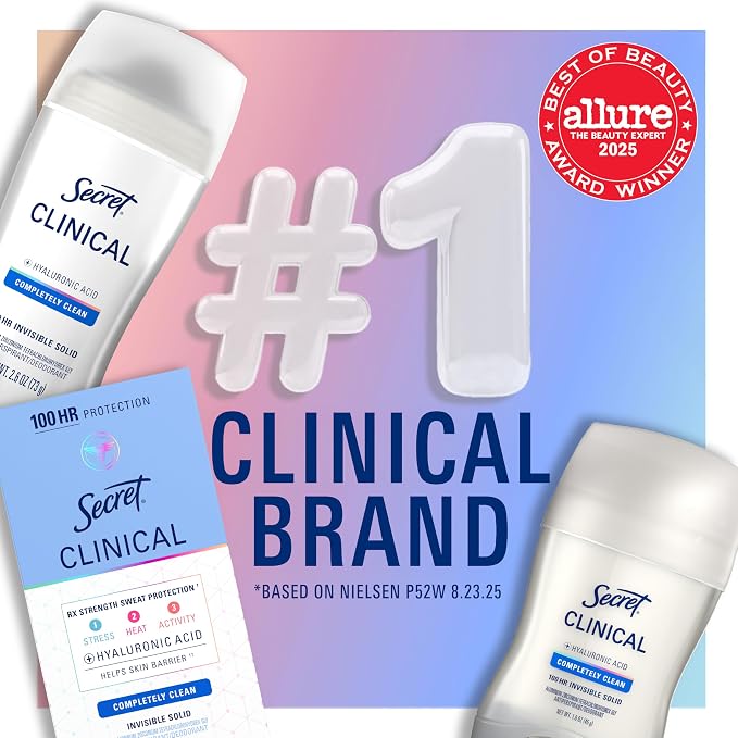 Secret Clinical Strength 100HR Sweat & Odor, Invisible Solid Antiperspirant Deodorant for Women, 3X Stress Protection with Hyaluronic Acid, PH Balanced, Powder Protection Scent, 2.6 oz (Pack of 12)