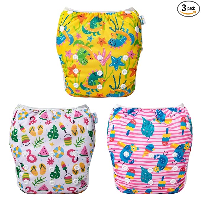 Babygoal Baby Girl Swim Diapers 3 Pack for 8M-3T Babies and Toddlers, Reusable Adjustable Washable for Swimming Lessons-Bird,Snake,Dinosaur