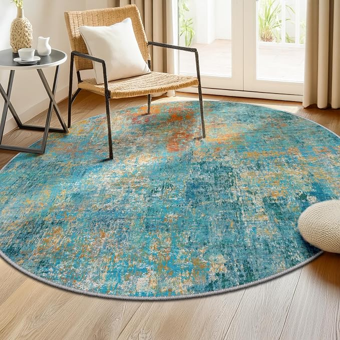 RELEANY Washable Round 8ft Area Rug for Living Room Teal Multi | carpet for bedroom, kitchen, office, hallway and entryway, printed pattern, non-slip, soft, stain-resistant, easy to clean