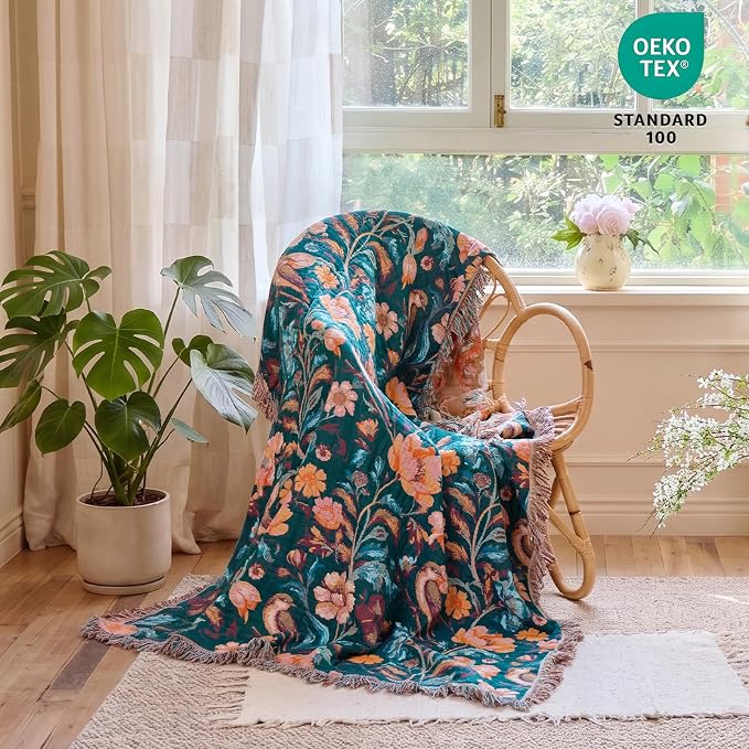 MSGKV Boho Throw Blanket 50"x60" Cotton Birds Floral Blanket for Couch | Muslin Throw, Birds Floral Pattern, Reversible Woven, Lightweight Comfort, Farmhouse Decor, All Seasons, Machine Washable
