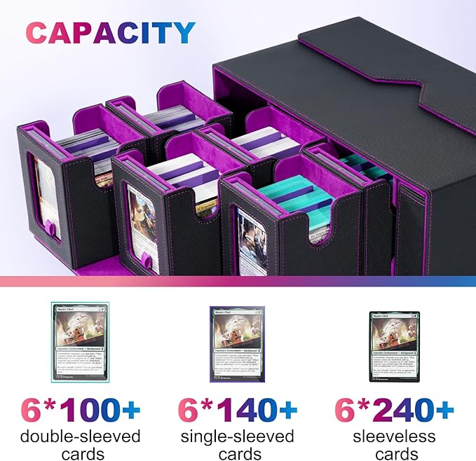 UAONO Commander Deck Box for MTG, 6-Deck Modular Card Case with Dice Tray Holds 600+ Double-sleeved Cards, Removable Trading Cards Storage Box with 35PT Magnetic Card Holders for TCG, Black Purple