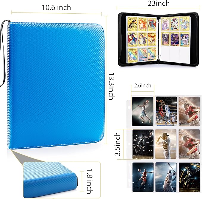 WOT I Baseball Card Binder, 900 Pocket Sleeves with Zipper, Double Sided Pockets Carry Case for Baseball, Football Cards (Blue)