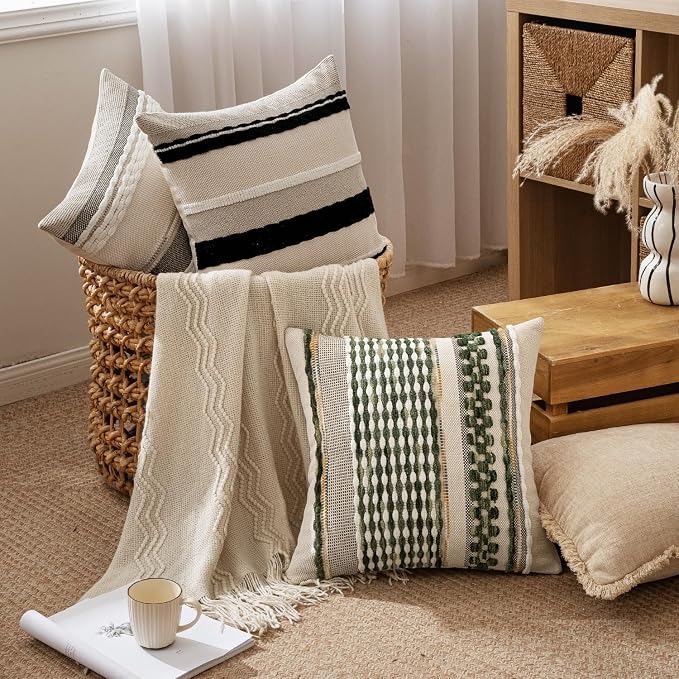 ANRODUO Boho Decorative Pillow Covers Olive Green Stripe 18x18 Pack of 2 | Throw Pillow Covers, Farmhouse Cushion Case, Chenille Pillow Cases, Pillow Covers, Accent Neutral Pillowcase for Couch Bed
