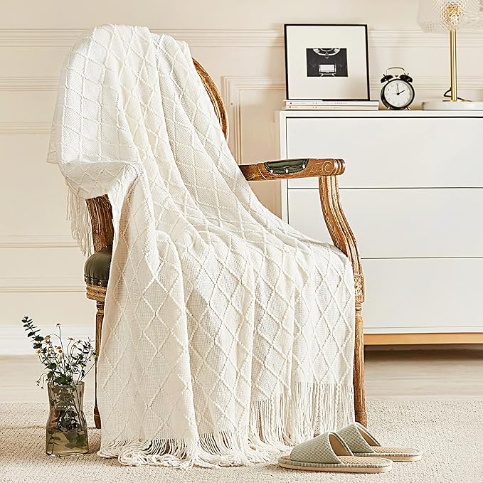 inhand Off White Knitted Throw Blanket for Couch and Bed, 50"x60" | Soft Living Room Home Decor Knitted Blanket with Tassel, Outdoor Lightweight Breathable, Farmhouse Warm Woven Decorative