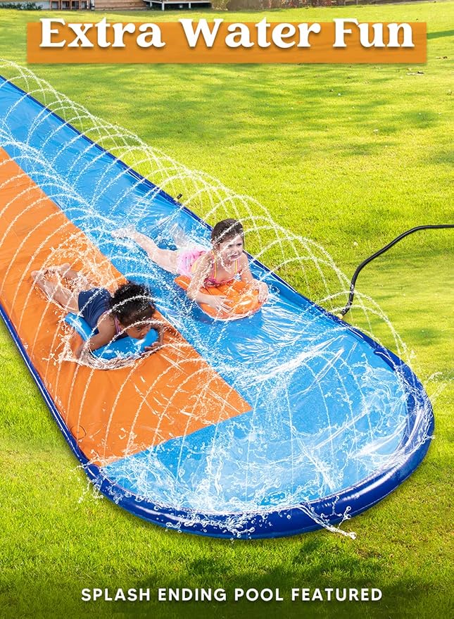Sloosh 22.5FT Double Water Slides, Heavy Duty Lawn Slide with Sprinkler and 2 Inflatable Boards Backyard Yard Lawn Summer Outdoor Water Toy for Kids Adults
