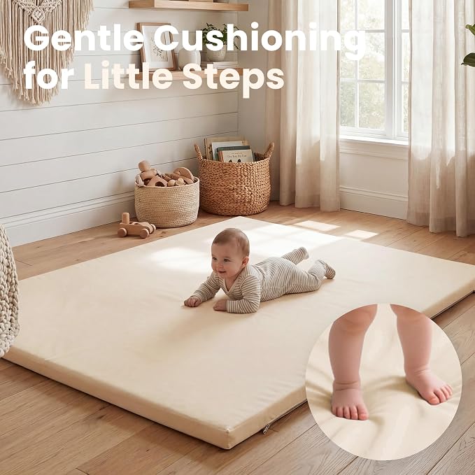 Huloo Sleep Baby Play Mat 65x50 Inches, 1.3" Thick Padded Waterproof Floor Cushion & Playpen Mat with Vegan Leather, Non-Slip & Non-Toxic Nursery Rug for Infants, Toddlers & Kids(Beige)