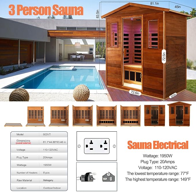 Full Spectrum Sauna, 0-5mG Ultra Low EMF Infrared Sauna 3 Person Outdoor Sauna 1950W 20Amps Far Infrared Sauna Mahogany Wooden Sauna with Red Light Therapy, Reclining Seats