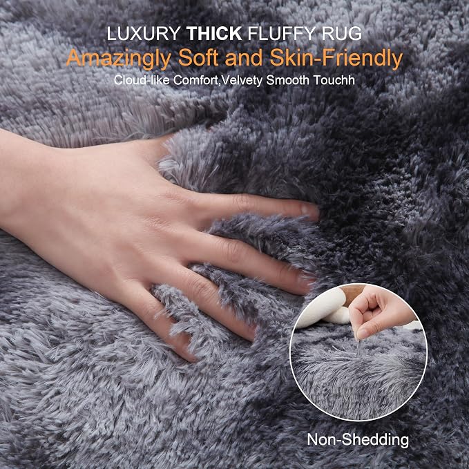 KICHOWUA 4x6 Thick Dark Grey Fluffy Shag Plush Washable Rug for Bedroom | Area Rug for Living Room, Kids Nursery, Dorm Room, Non Slip Shaggy Carpet