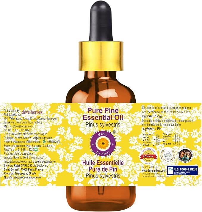 Deve Herbes Pure Pine Essential Oil (Pinus sylvestris) with Glass Dropper Steam Distilled 100ml (3.38 oz)