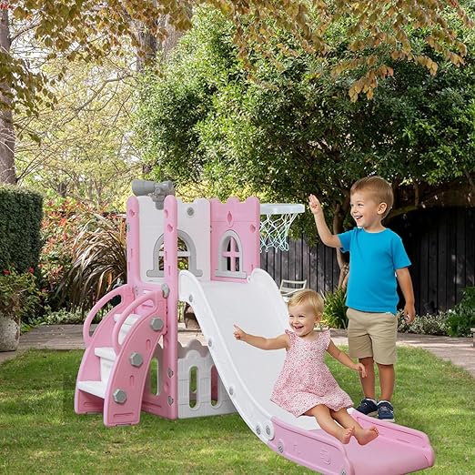 6 in 1 Toddler Slide,Kids Climber Slider for Indoor Outdoor Playground with Basketball Hoop,Storage and Telescope,L Shaped Slide for Toddler Climber Playset
