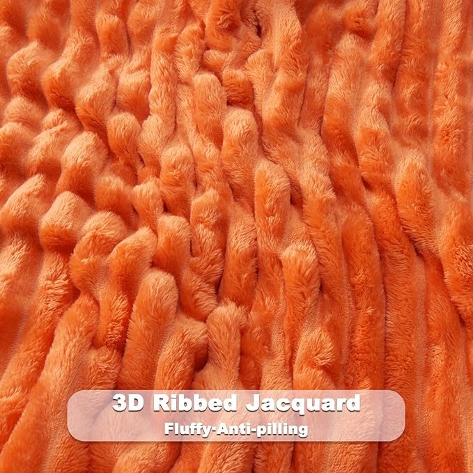 NEWCOSPLAY Super Soft Fall Throw Blanket Orange Premium Silky Flannel Fleece 3D Ribbed Jacquard Lightweight Bed Blanket All Season Use (Orange Ribbed, Throw(50"x60"))