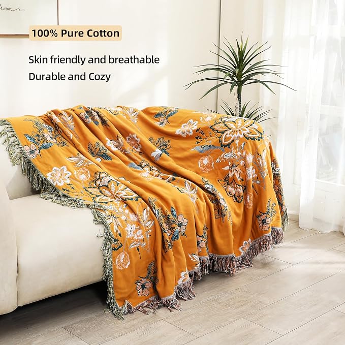 VANJOROY Boho Throw Blanket, 100% Organic Cotton Breathable Skin-Friendly Ultra Soft 50" x 60" Bed Yellow Throw - Floral Rustic Decor Luxury Reversible Blanket for Sofa Couch Chair and Gift,