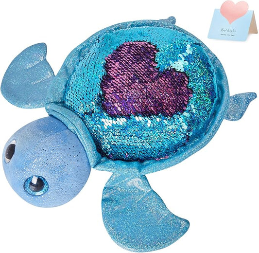 Athoinsu Reversible Sequins Stuffed Animal Sea Turtle Sparkly Soft Plush Toy Ocean Life Tortoise Throw Pillow Birthday Valentine's Day Plushie Gifts for Toddler Kids Boys and Girls, 12'' (Blue)