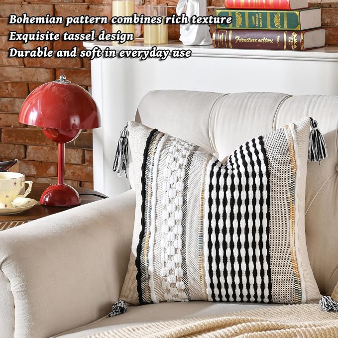 Set of 2 Chenille Striped Textured Boho Throw Pillow Covers Aesthetic with Tassels Woven Decorative Pillow Case for Couch Bed Sofa Bedroom Modern Funky 18 x 18-Inch Black
